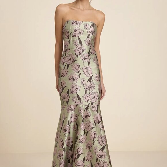 NWT Lulus Gowning Around Sage Floral Jacquard Strapless Maxi Dress - Picture 2 of 6